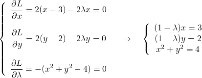 \begin{gather*} \left\{ \begin{array}{c} \dfrac{\partial L}{\partial x} = 2(x - 3) - 2\lambda x = 0\\ \\ \dfrac{\partial L}{\partial y} = 2(y - 2) - 2\lambda y = 0\\ \\ \dfrac{\partial L}{\partial \lambda} = -(x^2 + y^2 - 4) = 0 \end{array} \right. \quad \Rightarrow \quad \left\{ \begin{array}{c} (1 - \lambda) x = 3\\ (1 - \lambda) y = 2\\ x^2 + y^2 = 4 \end{array} \right. \end{gather*} 
