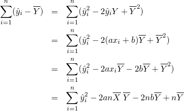  \begin{eqnarray*} \sum_{i=1}^n (\hat{y}_i - \overline{Y}) &=& \sum_{i=1}^n ({\hat{y}_i}^2 - 2 \hat{y}_i \overlne{Y} + \overline{Y}^2) \\ &=& \sum_{i=1}^n (\hat{y}_i^2 - 2(a x_i + b) \overline{Y} +\overline{Y}^2) \\ &=& \sum_{i=1}^n (\hat{y}_i^2 - 2a x_i \overline{Y} - 2b\overline{Y} + \overline{Y}^2) \\ &=& \sum_{i=1}^n \hat{y}_i^2 - 2an \overline{X} \; \overline{Y} -2nb \overline{Y} + n \overline{Y}\end{eqnarray*} \\ 