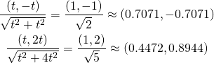  \begin{gather*} \frac{(t, -t)}{\sqrt{t^2 + t^2}} = \frac{(1, -1)}{\sqrt{2}} \approx (0.7071, -0.7071) \\ \frac{(t, 2t)}{\sqrt{t^2 + 4t^2}} = \frac{(1, 2)}{\sqrt{5}} \approx (0.4472, 0.8944) \end{gather*} 