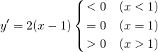  \begin{equation*} y' = 2(x - 1) \left\{ \begin{align} < 0 \quad (x < 1) \\ = 0 \quad (x = 1) \\ > 0 \quad (x > 1) \end{align} \right. \end{equation*} 