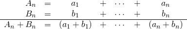 $$ \begin{array}{rcccccc} A_n &= &a_1 &+ &\cdots &+ &a_n \\ B_n &= &b_1 &+ &\cdots &+ &b_n \\ \hline A_n + B_n &= &(a_1 + b_1) &+ &\cdots &+ &(a_n + b_n) \end{array} $$