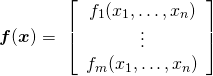  \begin{equation*} \boldsymbol{f}(\boldsymbol{x}) =\ \left[ \begin{array}{c} f_1(x_1, \ldots, x_n) \\ \vdots \\ f_m(x_1, \ldots, x_n) \end{array} \right] \end{equation*} 