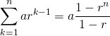  \begin{equation*} \sum_{k=1}^n a r^{k-1} = a \frac{1 - r^n}{1 - r} \end{equation*} 